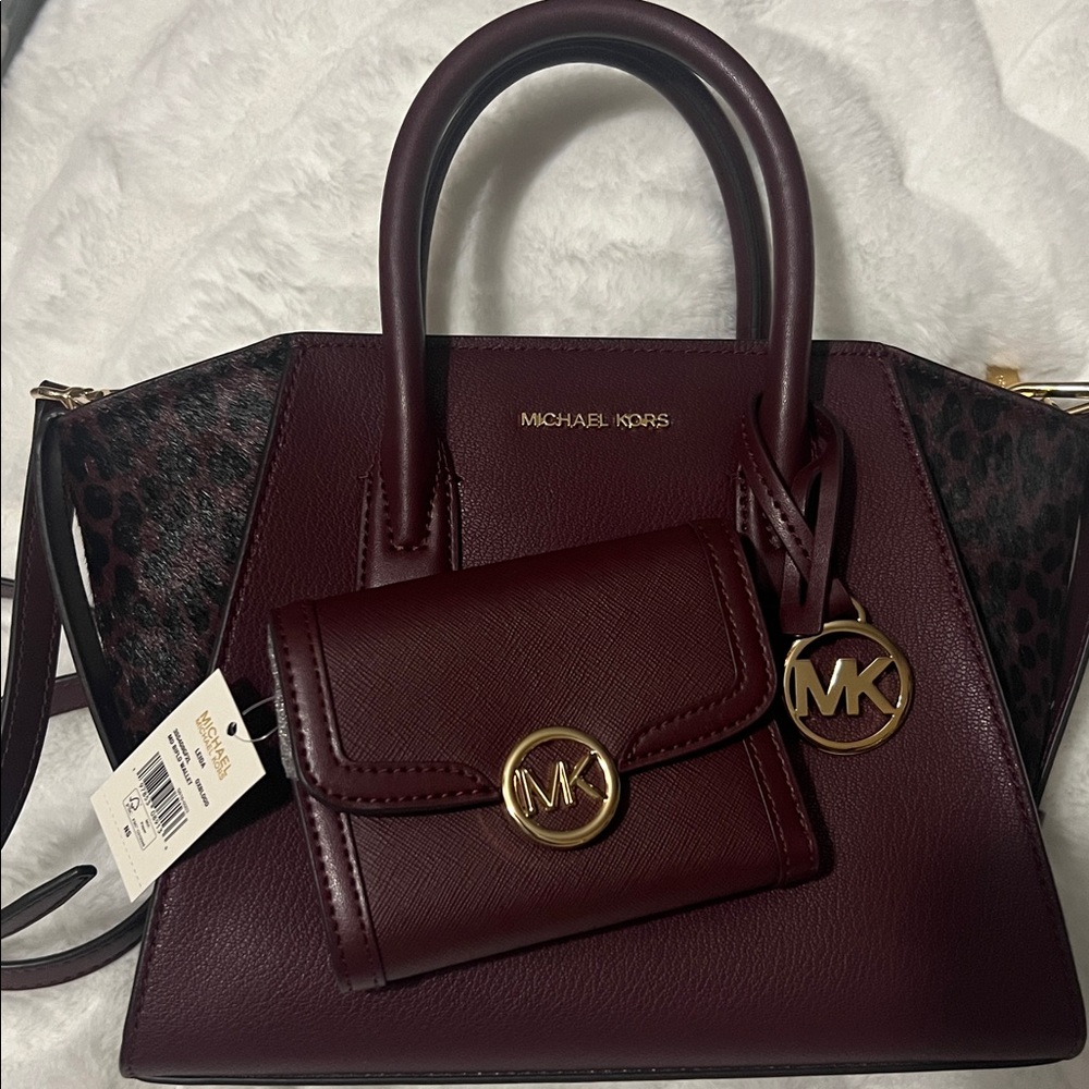 Michael Kors Cheetah Print Maroon and Black Satchel & Crossbody Option & Wallet